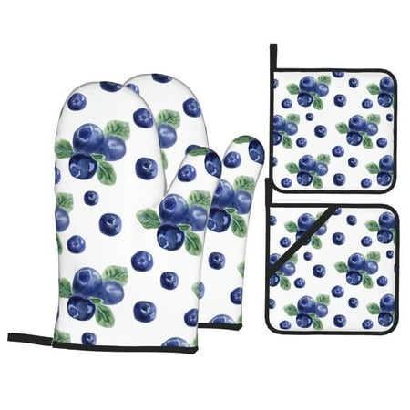 

Oven Mitts and Pot Holders 4 Piece Blueberry pattern Print High Heat Slip Resistant Oven Mitt and Trivets Set Kitchen Oven Glove Pot Holders for Cooking Baking Grilling
