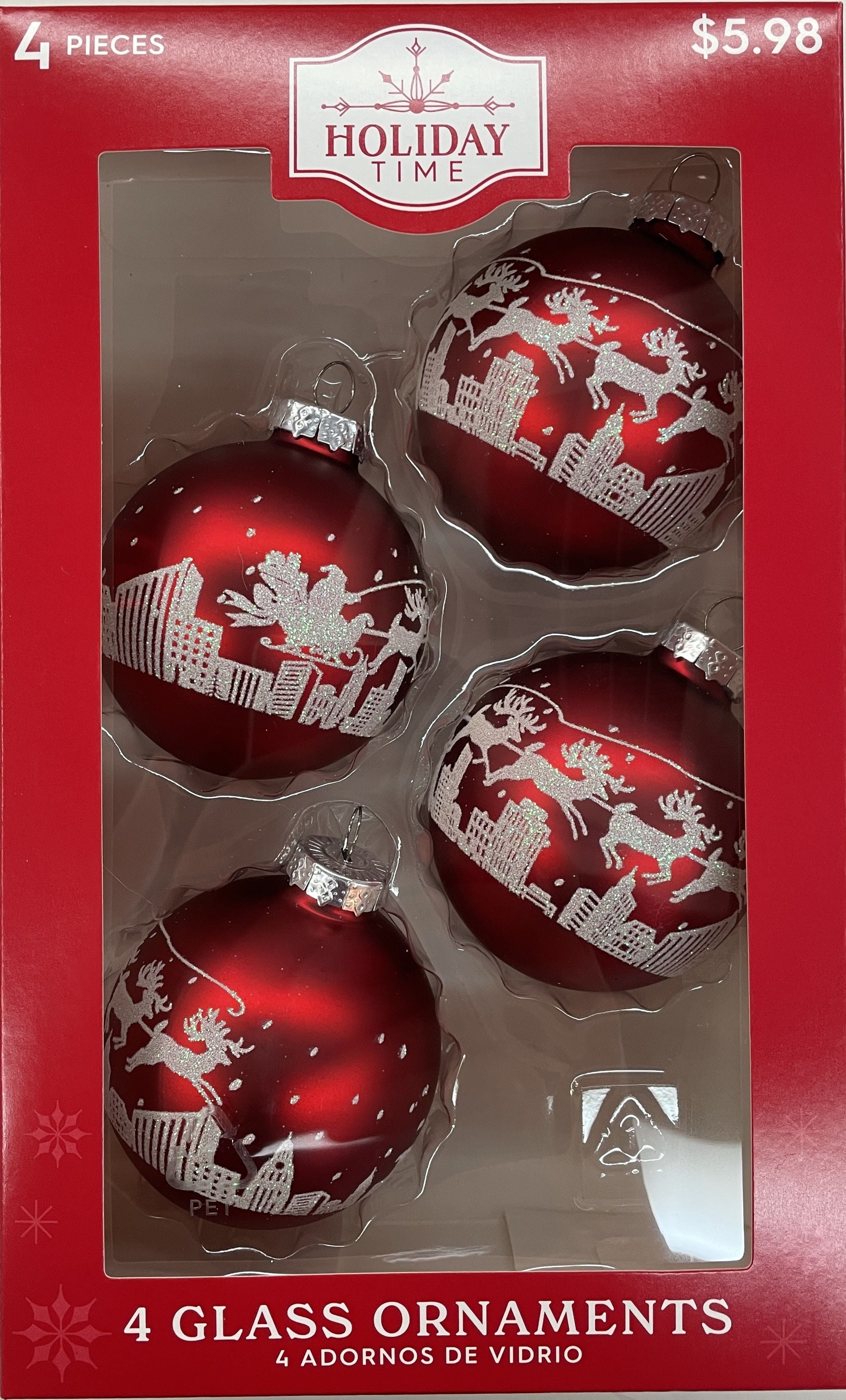 Holiday Time 4 Count Sleigh Glass Ball Christmas Ornaments, 65mm, Boxed Glass, Red