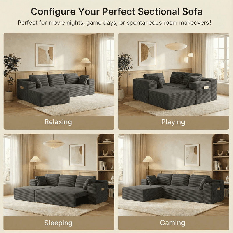 105" No-Assembly Modular L-Shaped Sectional Sofa, Comfy Corduroy Deep Seat Cloud Couch with Chaise, Modern Boneless Sofa for Living Room, Grey