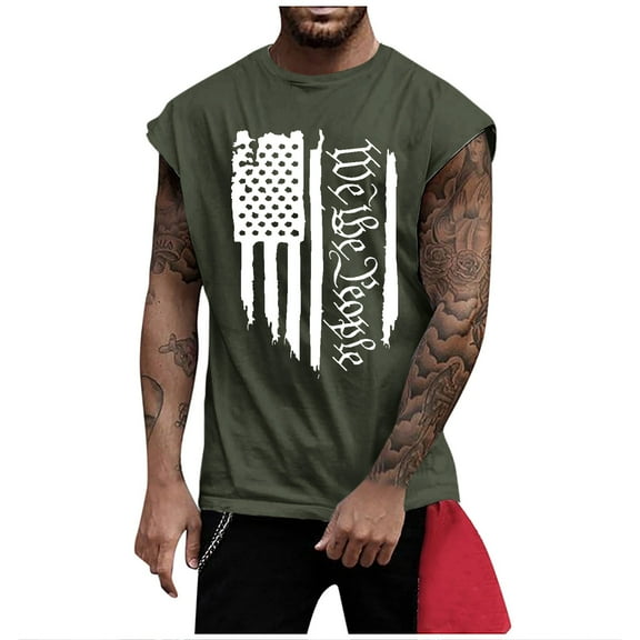 Men's Independence Day Printed Tank Top - Slim Fit, Sleeveless Summer Vest - Quick-Dry Fabric for Patriotic Events, Gym Sessions, or Beach Outings,Army Green L