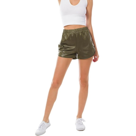 Made by Olivia Women's Dolphin Hem Faux Leather Relaxed-Fit Shorts with Elastic Band