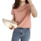 thumbnail image 3 of Camiseta de mujer Verano Cuello redondo Manga corta Color sólido Top casual, Rosa, M Kearding AP001478-05B, 3 of 7