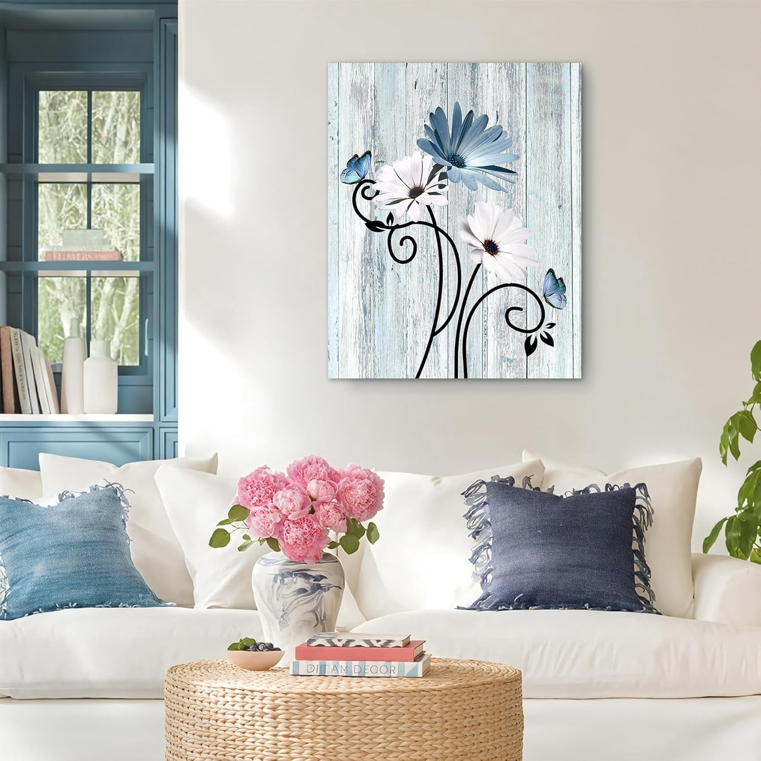 Floral Canvas Wall Art - Daisy & Butterfly Botanical Wall Decor, Rustic Farmhouse Pictures for Living Room, Bedroom, Bathroom & Home Office