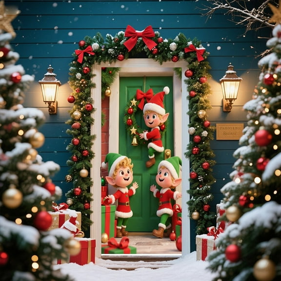 YIKA Christmas Door Curtain Ensigns Outdoor Photo Christmas Day Party Elves Celebration Decoration Background Hanging Decoration Hanging Fabric B