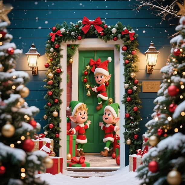 Decoraciones navideñas, cortina navideña para puerta, banderines, fotos para exteriores, fiesta de Navidad, elfos, celebración, fondo decorativo, decoración colgante, cortina de poliéster de tela