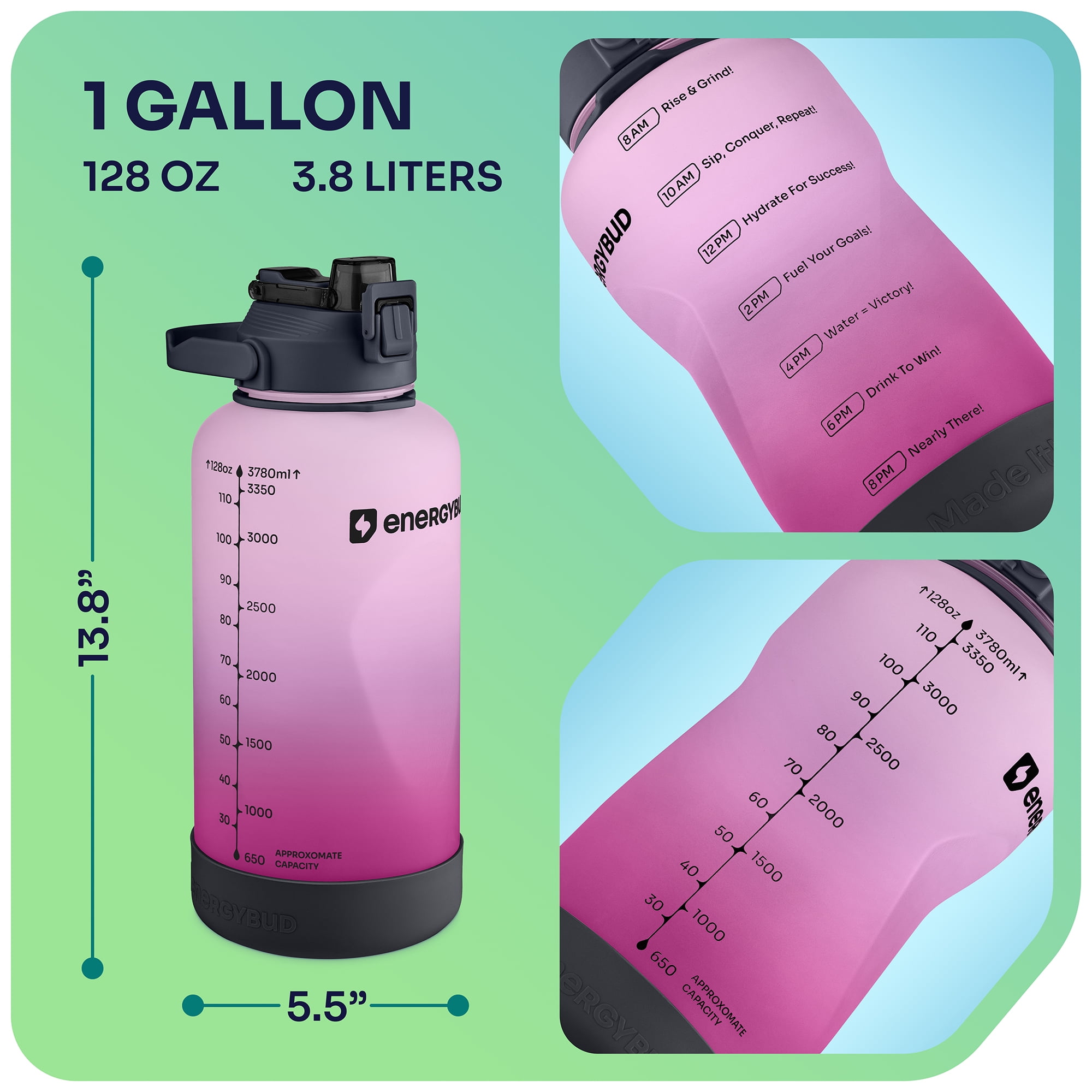 EnergyBud ½ Gallon Water Bottle with Straw and Handle, Large Motivational 74.3 oz BPA-Free Leakproof Water Jug with Strap and Time Marker for Fitness, Gym, Outdoor, and Daily Hydration