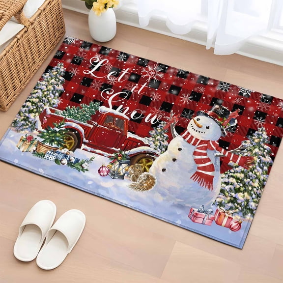 Red Plaid Snowman Christmas Bathroom Rug Washable 2x3 Entryway Rug Non Slip Snowflake Red Truck Xmas Tree Gifts Front Door Mat Low Pile Indoor Doormat Throw Floor Carpet for Kitchen Bedroom Entrance