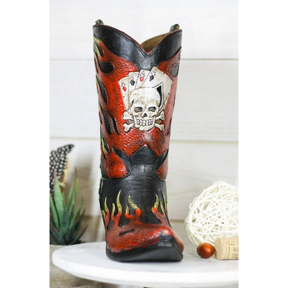 Western Flames Crossbones Skull Poker Cards Cowboy Boot Vase Planter Figurine
