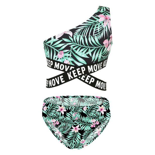 RUNQHUI Kids Girls 2 Piece Tankini Set Cutout One Shoulder Bikini Sets Floral Sleeveless Swimsuit Lily 8