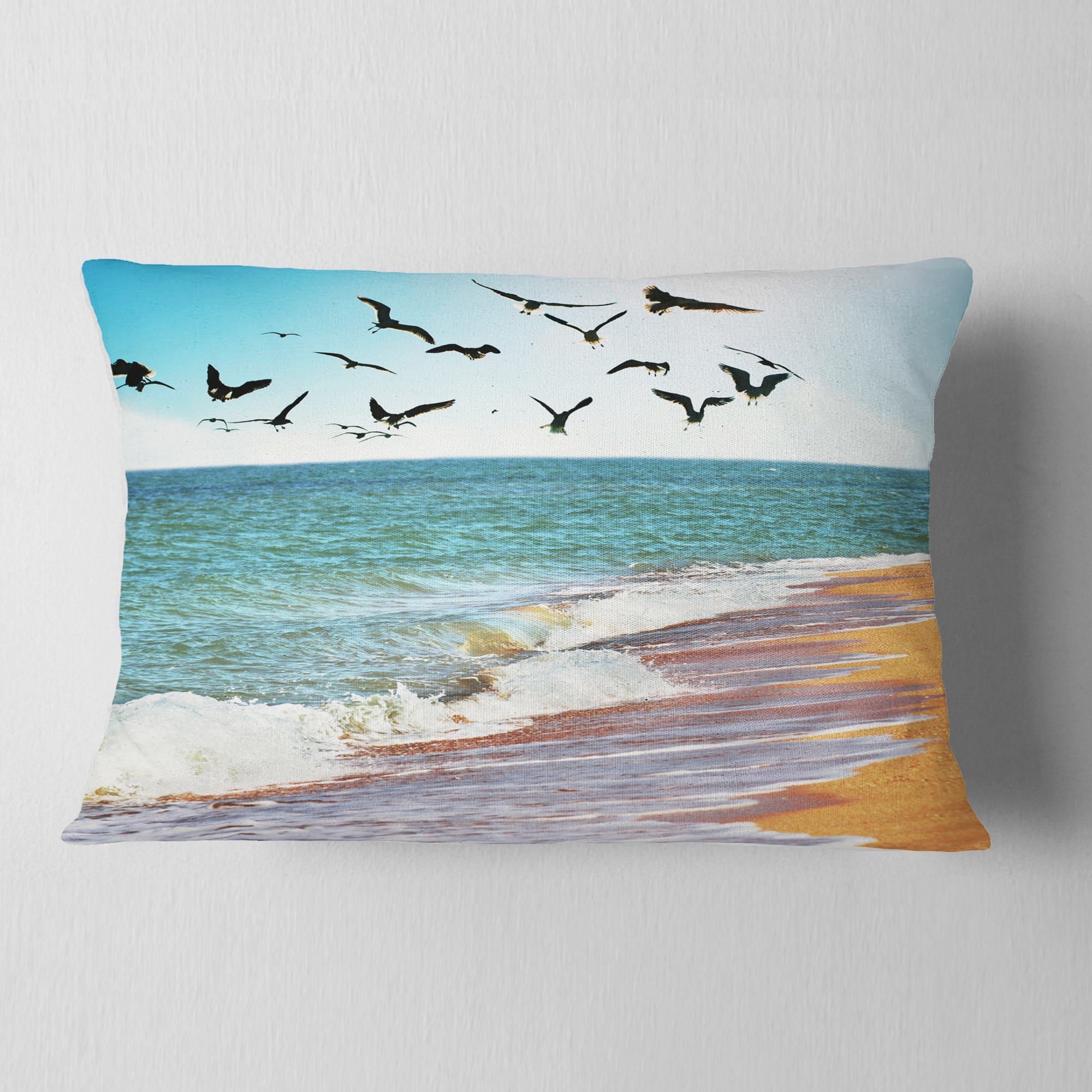 Designart Sea Gulls over the Seashore - Seashore Throw Pillow - 12x20