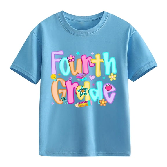 YunPes Fourth Grade Girls Boys First Day of School T-shirts Funny Graphic Print Short Sleeve Tops Kids Summer Crewneck Tee Back to School