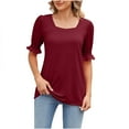 thumbnail image 2 of Otvok Womens Short Sleeve Tops Casual Solid Color Square Neck Ruffle Sleeve Blouses T-Shirt, 2 of 6