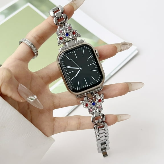Color Diamond Butterfly Band for Apple Watch Bands for Women 42/44/45/49mm, Metal Dressy iWatch Bands Women, Cute Strap for Apple Watch SE Series 9 8 7 6 5 4 3 Ultra,Silver
