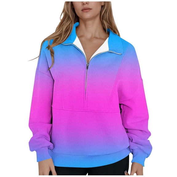 Sexlip Women's Solid Color Long Sleeve Zip Up Sweatshirt Hoodless Pullover Top with Pocket for Daily Travel Pink XL