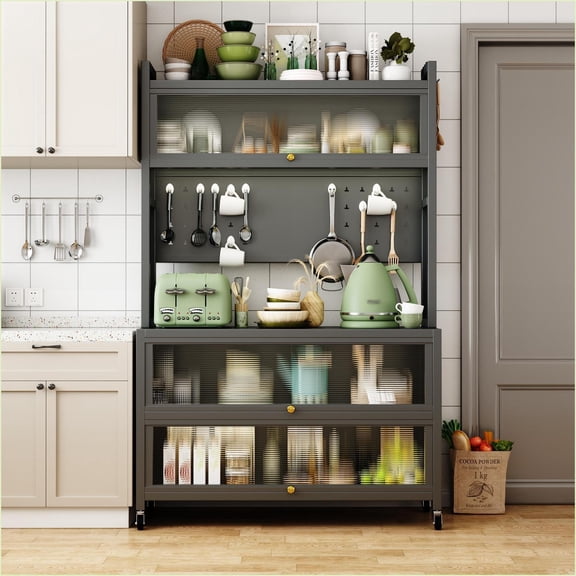 Kitchen Storage Rack, Metal Bakers Rack with Cabinets & Brake Wheels | Grey | Metal