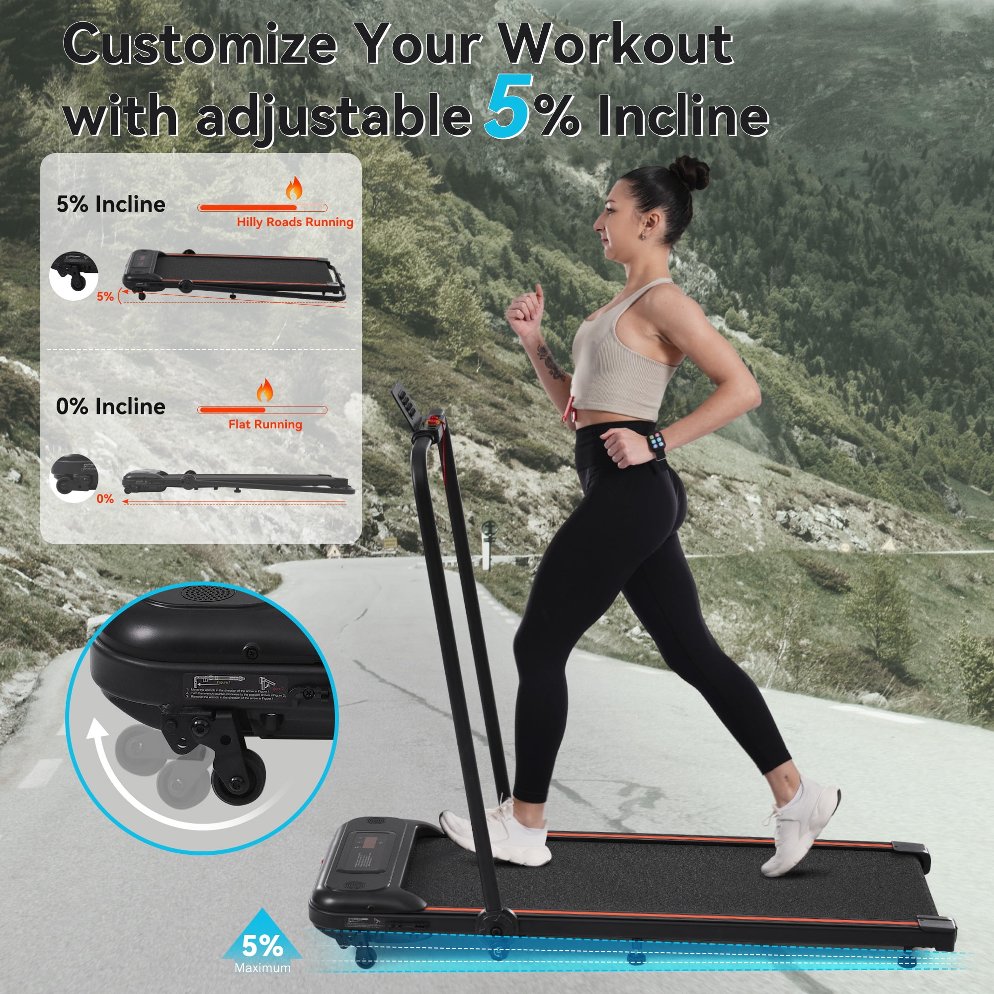 Aukfa Under Desk Treadmill 2 in 1 Folding Treadmill with incline 265 lb Capacity 7.5 mph Speed