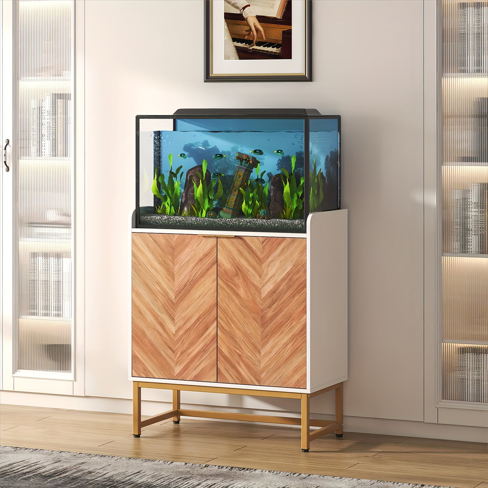 29 Gallon Aquarium Stand Fish Tank Stand for 20/10 Gallon with Doors Adjustable Shelves, Boho Sideboard Coffee Bar Cart, Kitchen Cupboard Console Table, 30.5" L×15.7" W×35" H