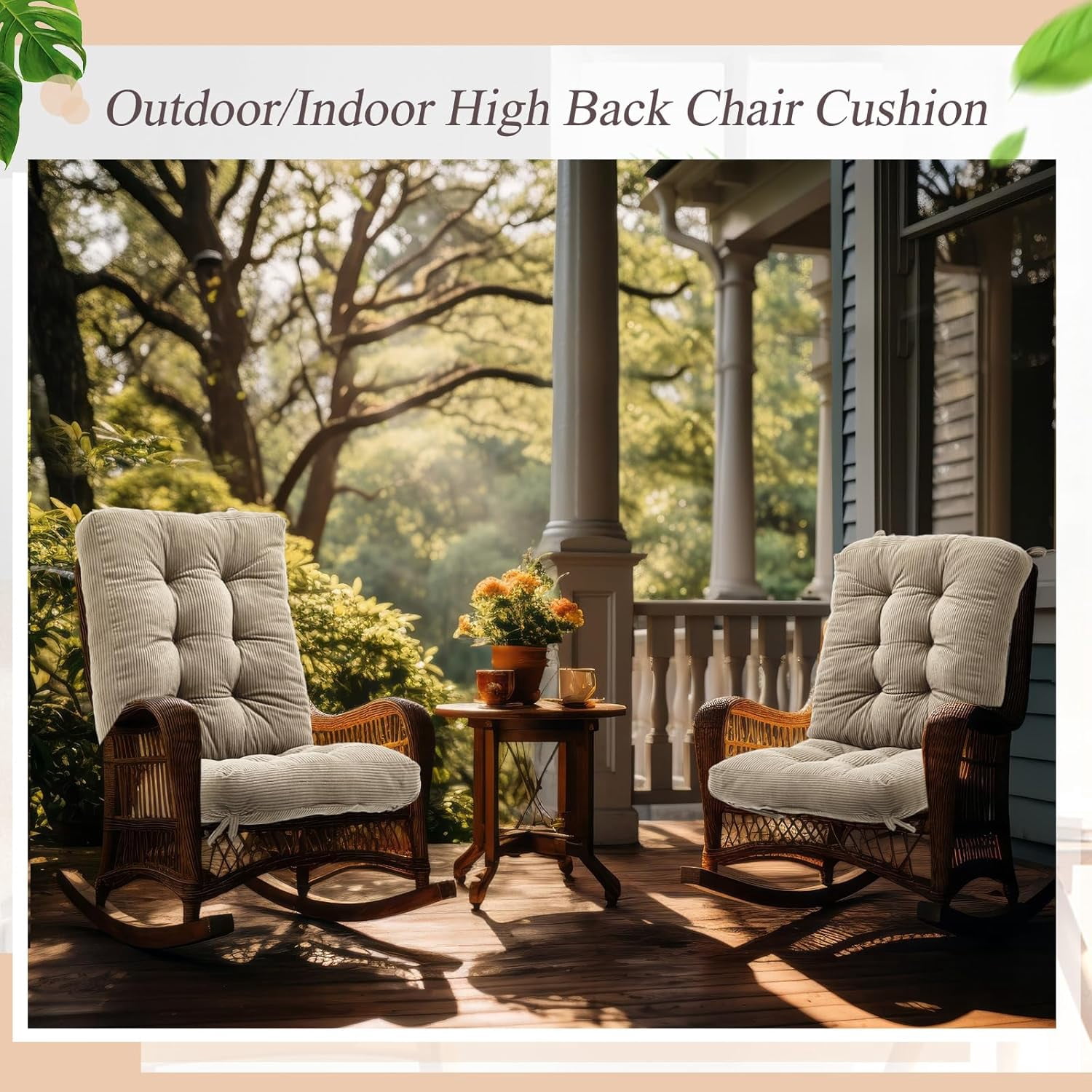 4 Set Outdoor Patio Chair Cushions Corduroy Seat High Back Tufted Pillow Replacement Rocking Patio Chair Pads for Outdoor Indoor Home Office (Beige)