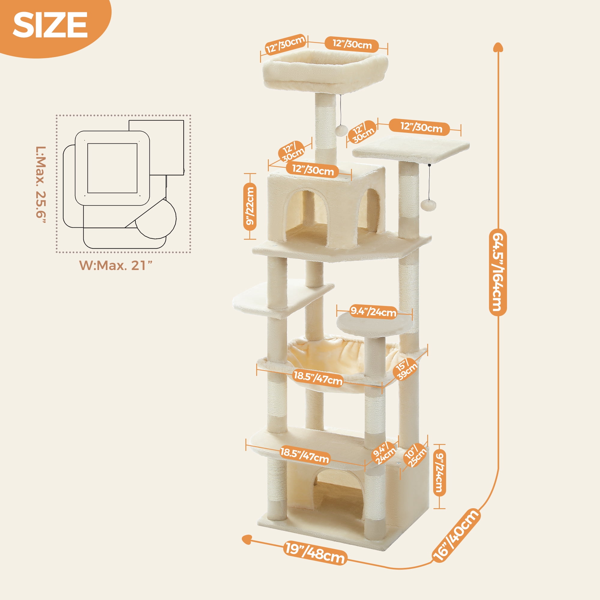 resenkos 64" Modern Cat Tree Tower for Indoor Cats, Cat Condo with Sisal Scratching Post, Hammock and Top Perch, Beige
