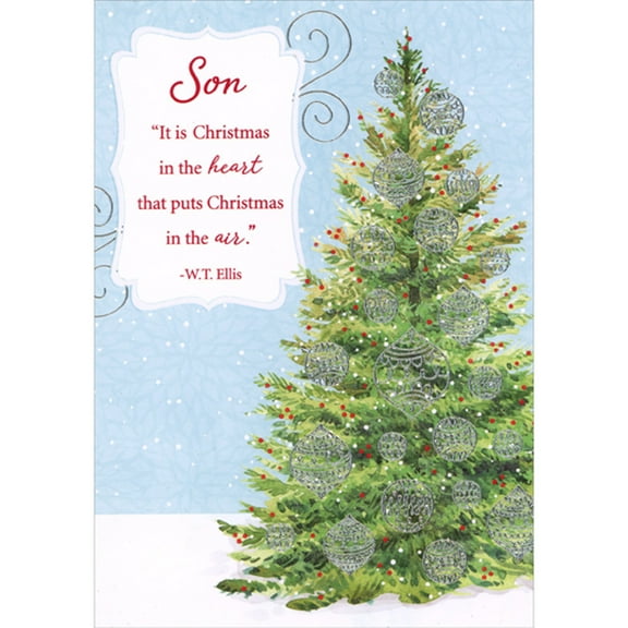 Designer Greetings Christmas in the Heart: Evergreen Tree with Silver Foil Ornaments Christmas Card for Son