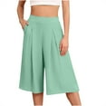 thumbnail image 2 of BiZtdJrK Wide Legged Cropped Pants for Women Loose Flowy Linen Beach Capris Solid Color Casual High Waisted Yoga Capri Pants, Green, XXL, 2 of 6