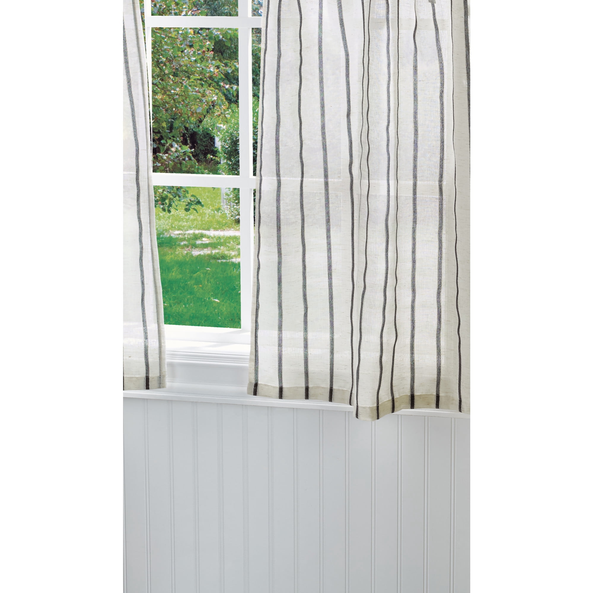Martha Stewart Laguna Stripe 3 Piece Valance & Tier Set, Gray, Tie Tab, Semi Sheer, Indoor, Adult, Valance: 54" x 14", Tiers: 27" x 36"