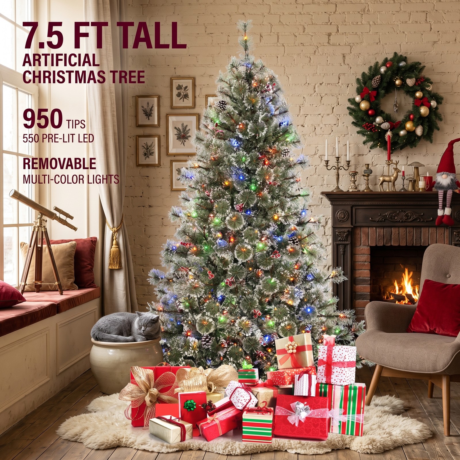 RUIE 6 FT Pre-Lit Artificial Christmas Tree, Hinged Holiday Tree with 350 Color-Changing LED Lights, 598 Branch Tips, Pine Cones and Red Berries, Quick Power, Green
