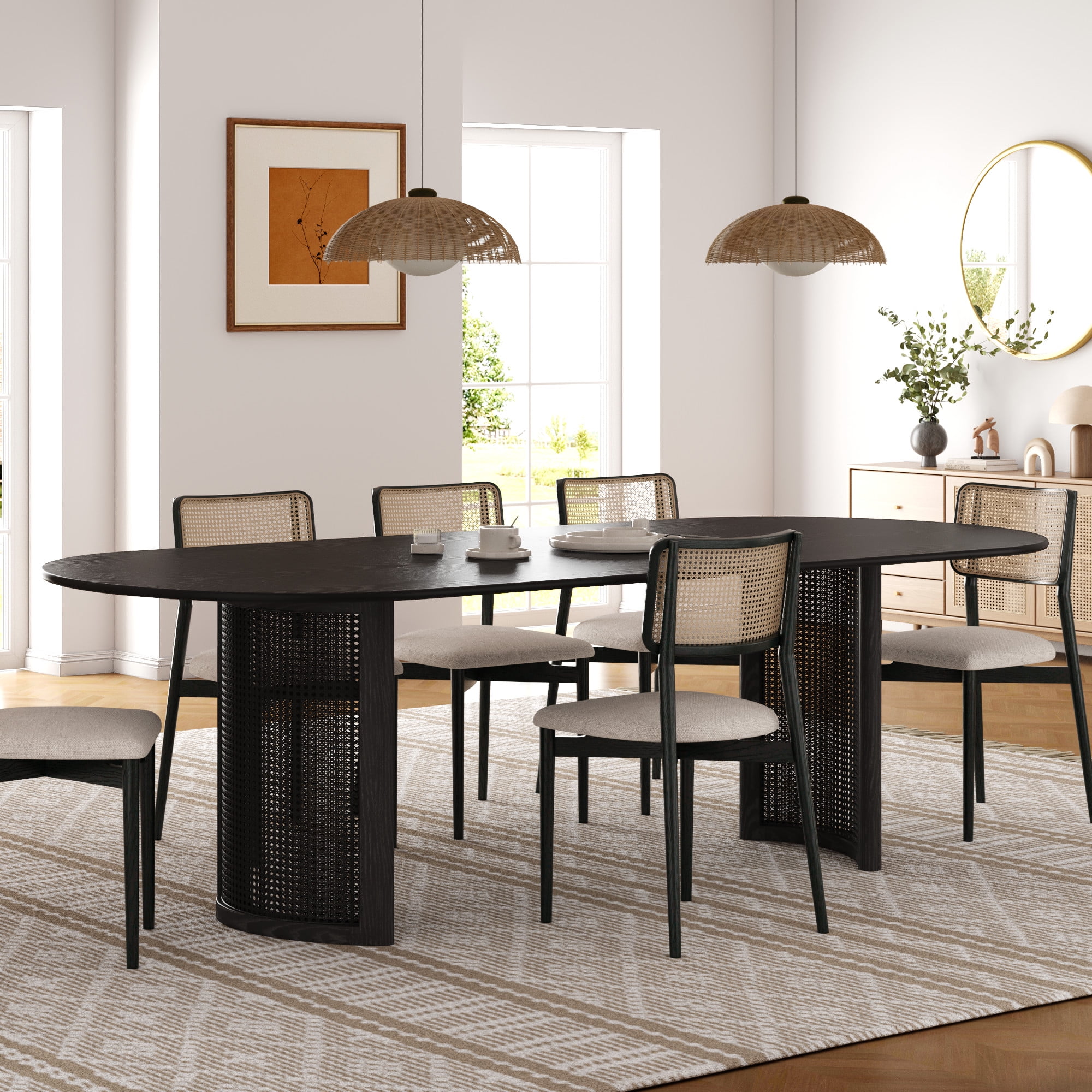 MAYEERTY Modern 79*33.5*30" Oval Black Dining Table with Arc - shaped Rattan Legs, Seats 6