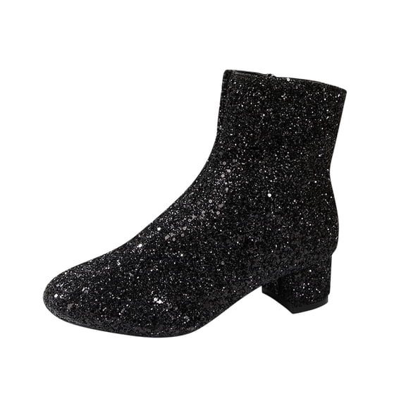 Xfvqtps Womens Glitter Ankle Boots Sparkle Party Booties Chunky Heel Side Zipper Fashion Boots for Women Night out Evening Dress Shoes Black