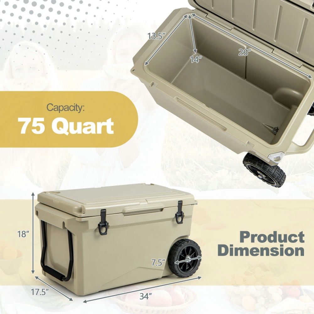 GVN Refrigerator Freezer, Fridge,75 Quart Portable Cooler Rotomolded Ice Chest with Handles and Wheels-Tan