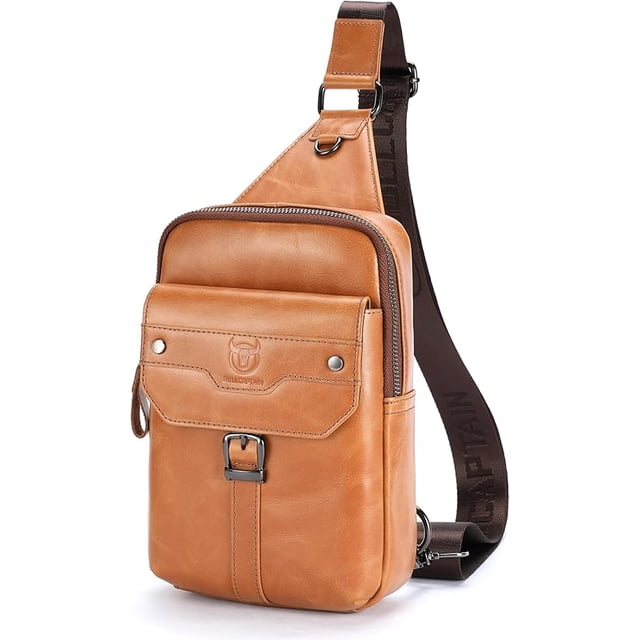 BULLCAPTAIN Mochila Cruzada de Cuero para Hombre Sling Bolso de Pecho para Viajes de Senderismo