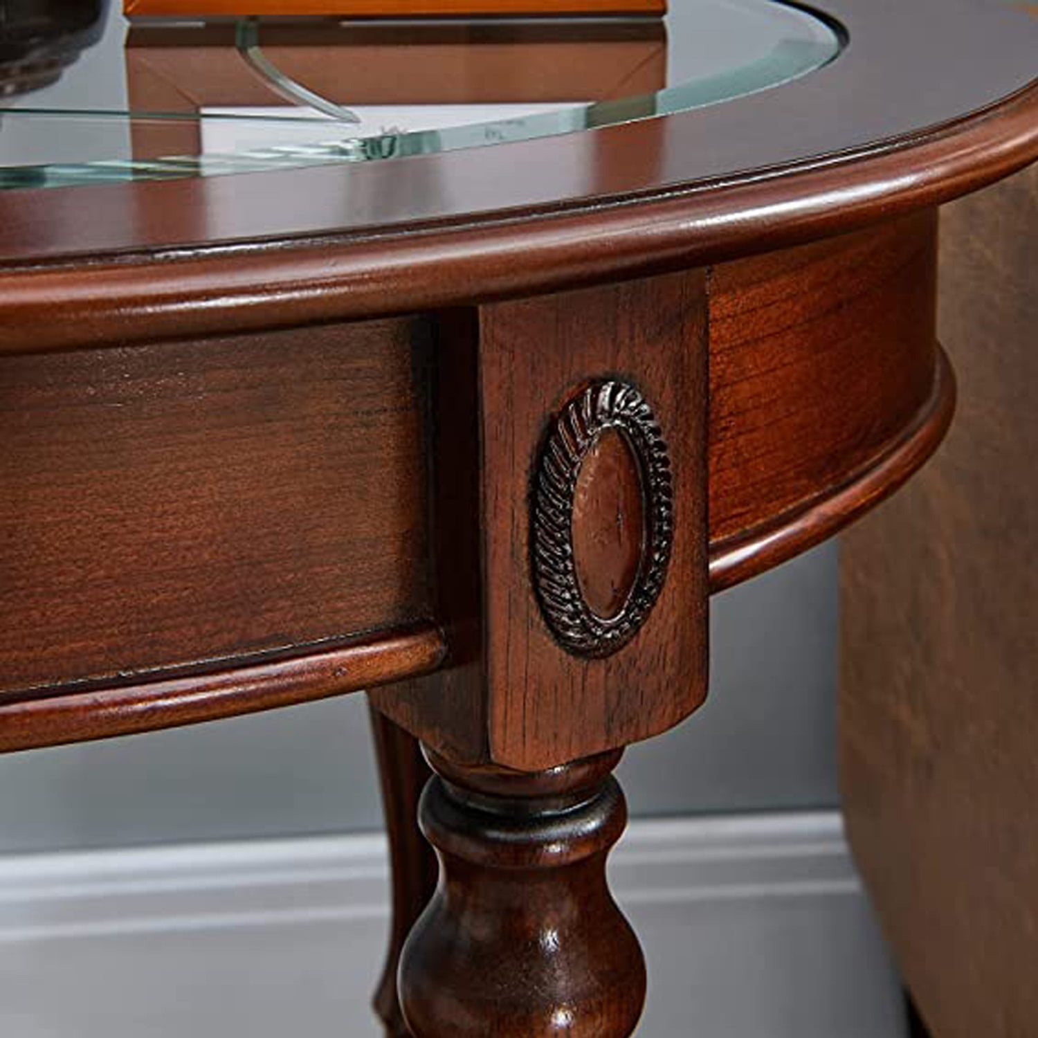 Vintage Solid Wood Side Table with Glass Top Storage Shelf,Oval,Living Room Table,Dark Brown