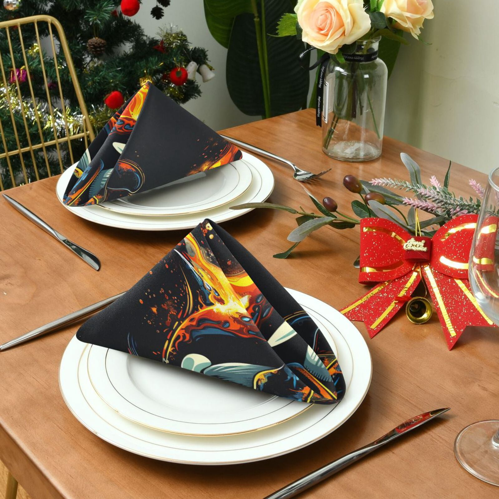 JSTEL Killer Whale Flame Cloth Napkins Set of 6, 20x20 Inch Washable and Reusable Napkin for Decoupage Dinner Party Everyday Use