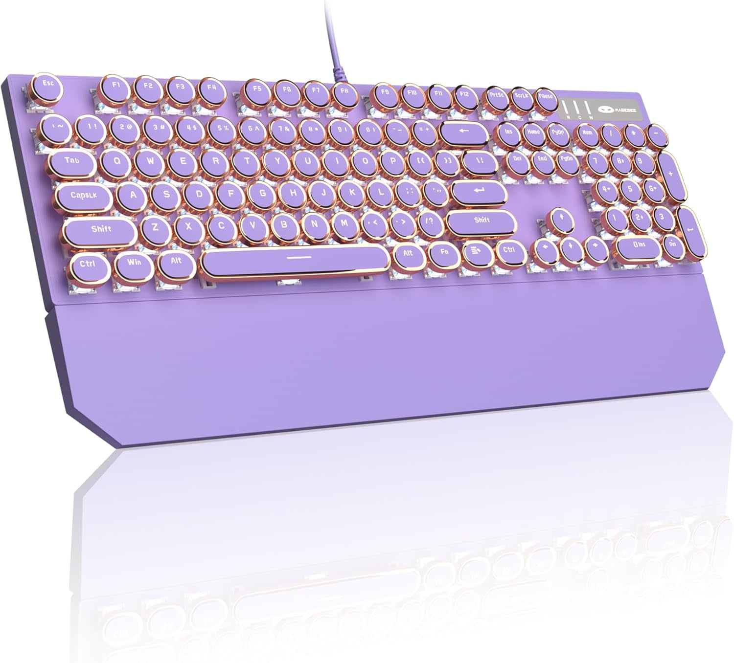 Typewriter Mechanical Gaming Keyboard, Retro Punk Purple Round Keycaps, 104 Keys LED White Backlit Wired Keyboards for Laptop MAC PC Gamer, with Magnetic Wrist Rest, Blue Switch