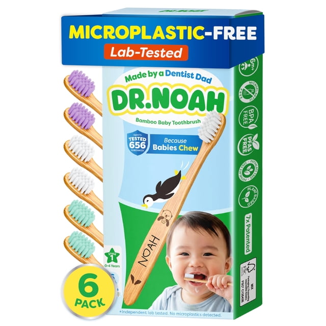 Cepillo de dientes para bebé DR.NOAH de bambú, cerdas suaves, paquete de 6