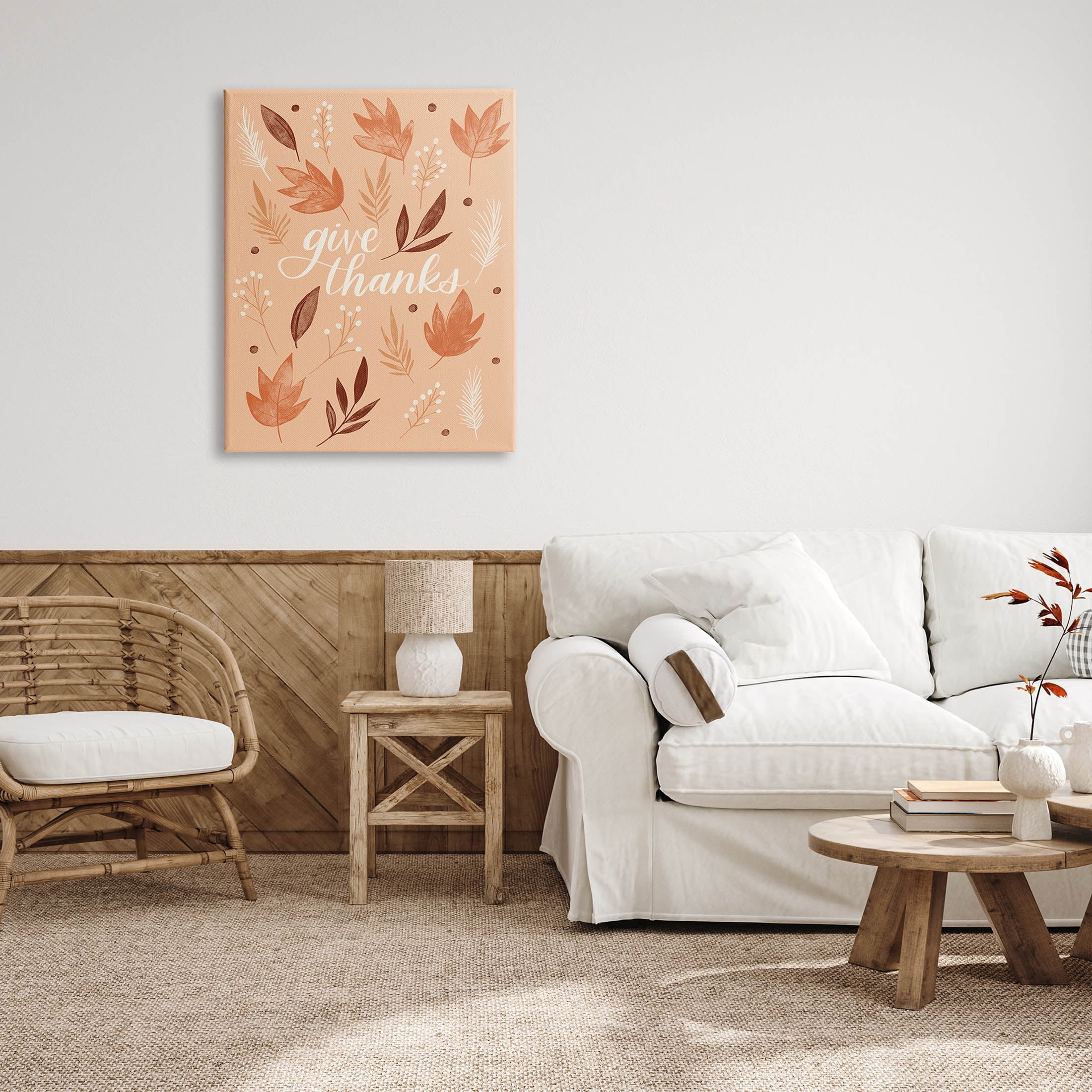Give Thanks Autumnal Leaves Holiday Graphic Art Gallery Wrapped Canvas Print Wall Art