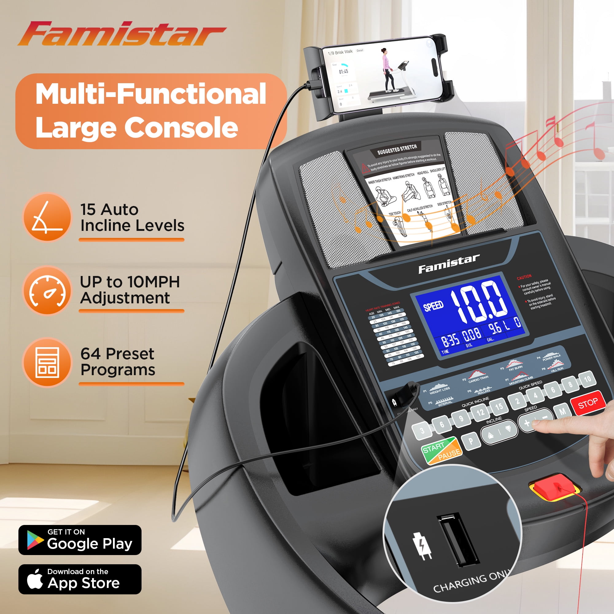 4.5HP Treadmill w/ 15 auto Incline, Folding Treadmill with 300lbs Capacity, 10MPH Speed, 64+3+3+1 Programs, App Connection, HiFi Stereo Speakers, Ultra-Wide & Quiet, Running Jogging Machine for Home