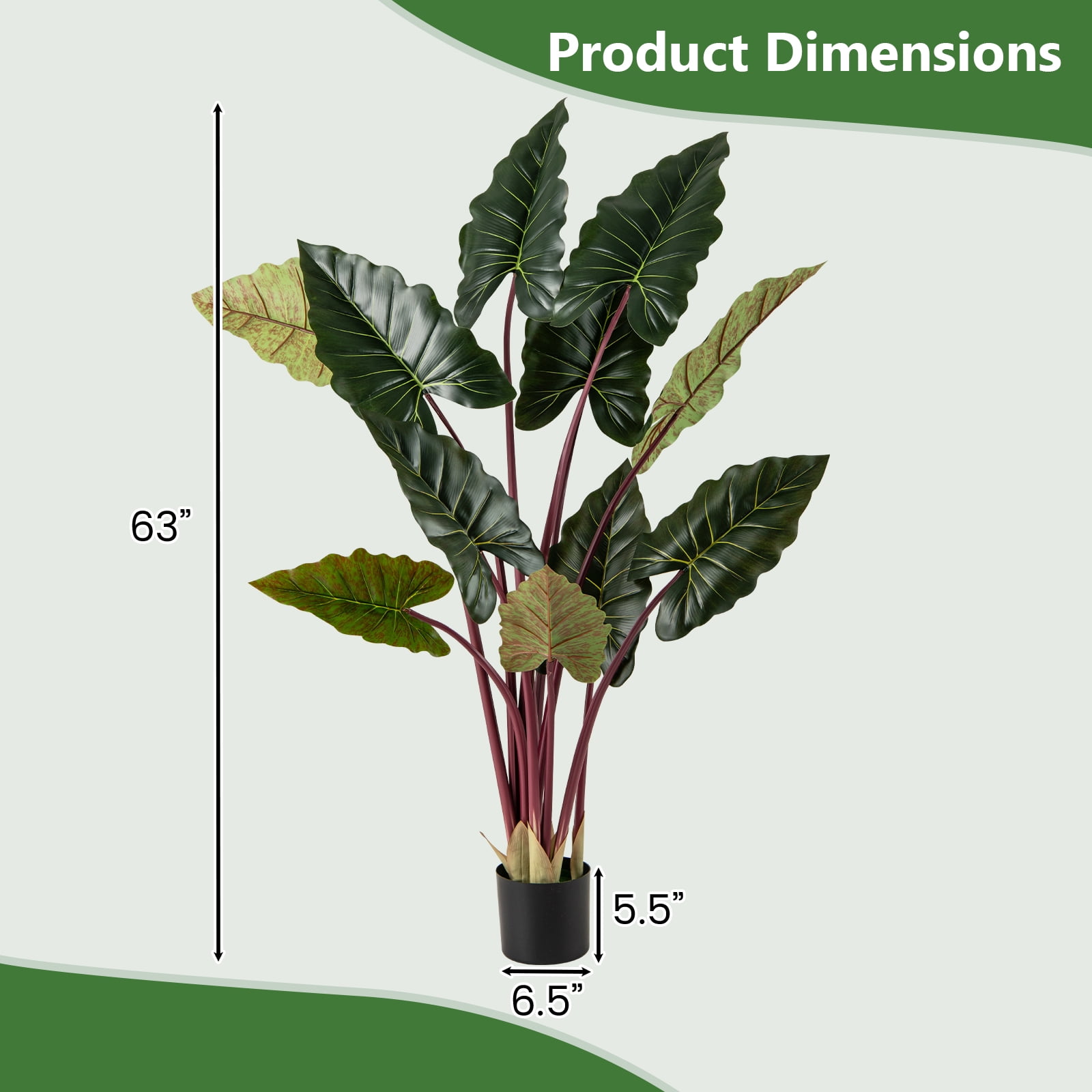Gymax Artificial Rainbow Taro Tree 63'' Tall Fake Pre-potted Plant w/ 11 Faux Leaves