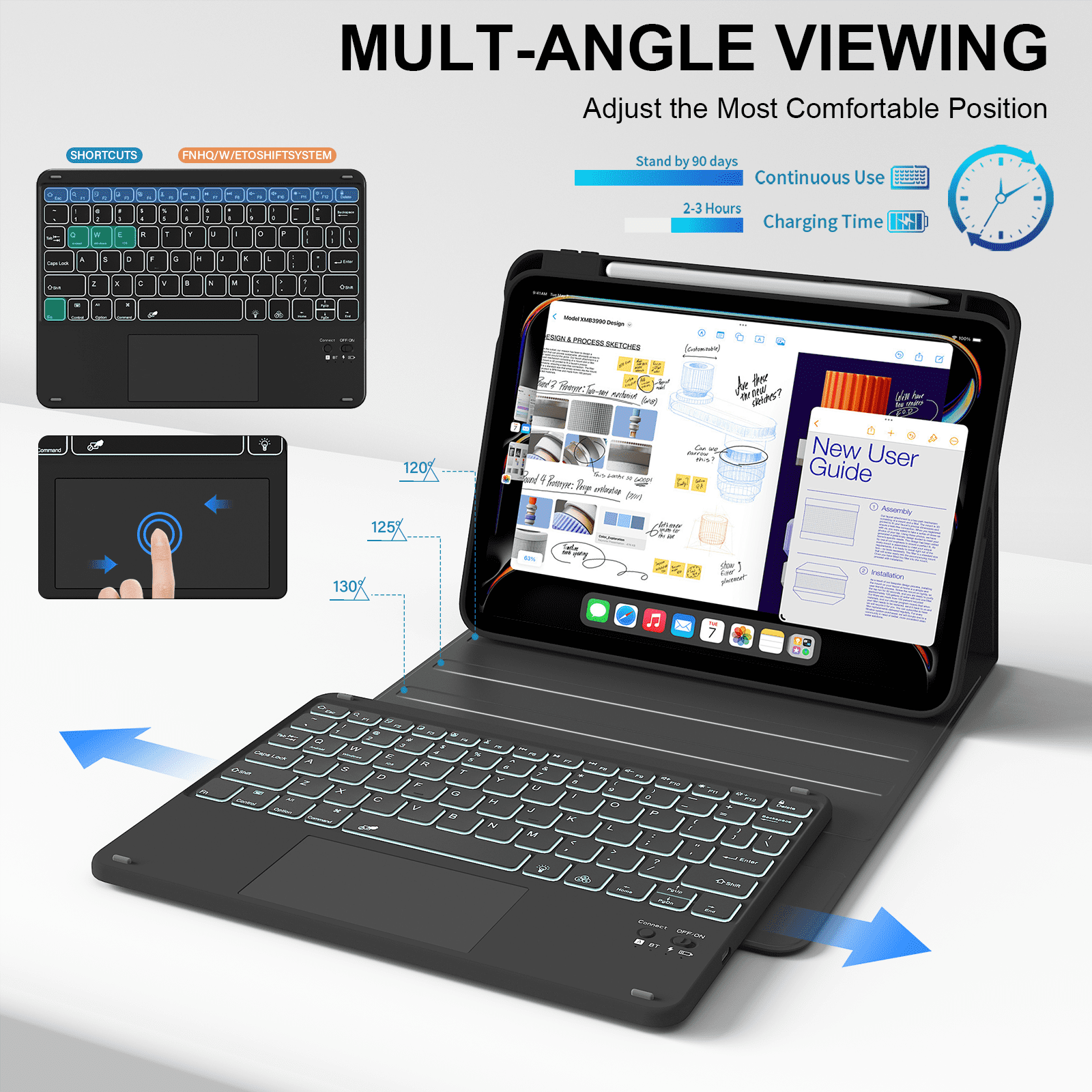 Kenke Keyboard Case Compatible for iPad (A16) 11/10th Generation 11/10.9 inch 2025/2020, Folio Cover with Pencil Holder, Multi-Touch Trackpad, 7 Color Backlit, Detachable Bluetooth Keyboard, Balck