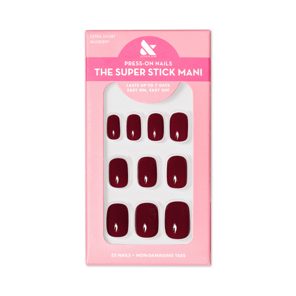 Olive & June Super Stick Mani Squoval Extra Short Press-On Tabs, Red, Mulberry, 32 Pieces