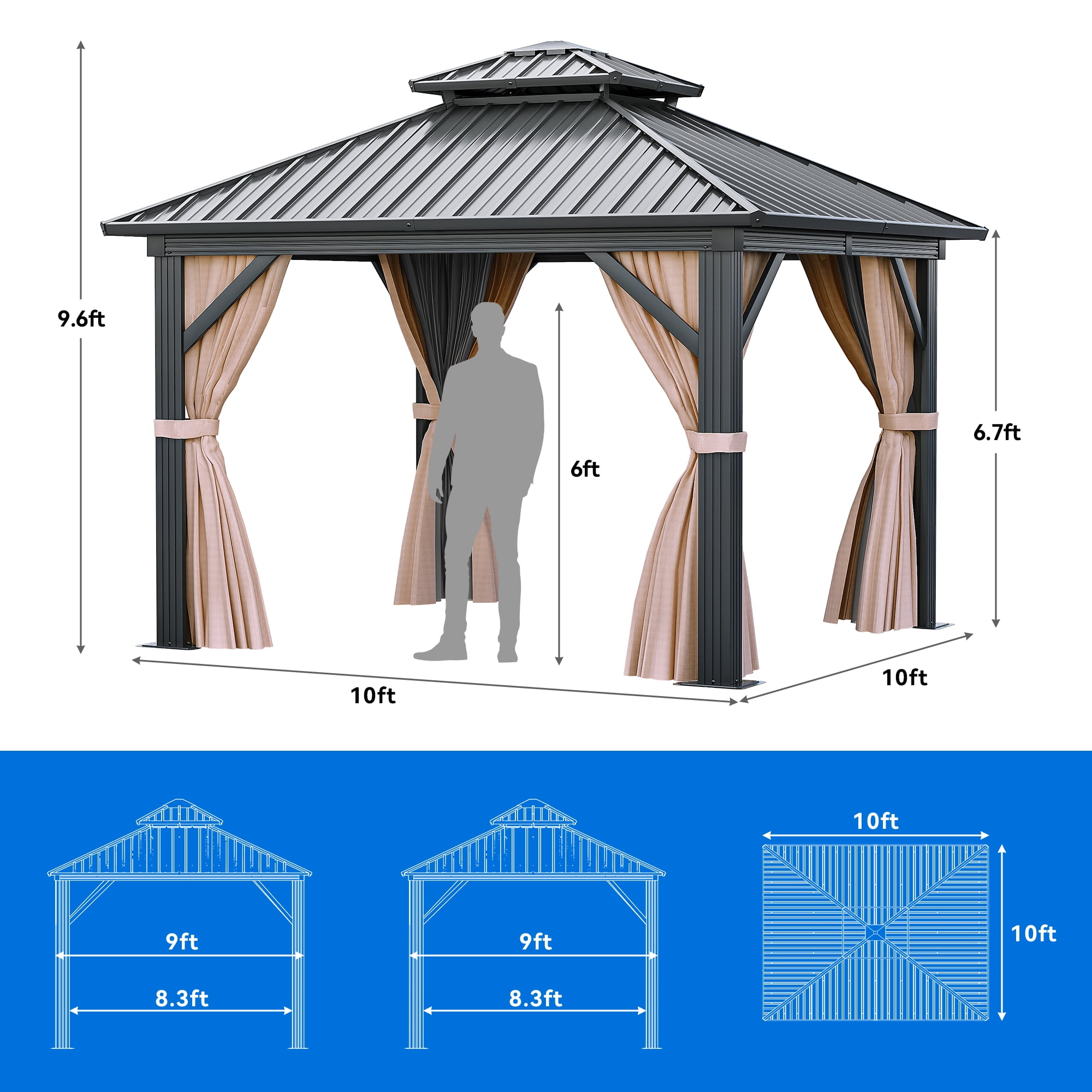 Dextrus 10x10ft Gazebo Double Roof Canopy with Netting and Curtains, Outdoor Gazebo 2-Tier Hardtop Galvanized Iron Aluminum Frame Garden Tent for Patio, Backyard, Deck and Lawns