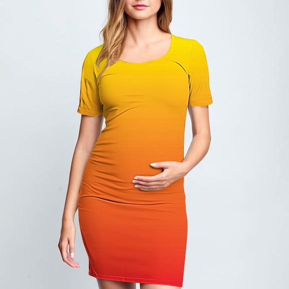 Women's Maternity Dress Gradient Ruched Pregnancy Short Sleeve Round Neck Mini Dresses Orange XL