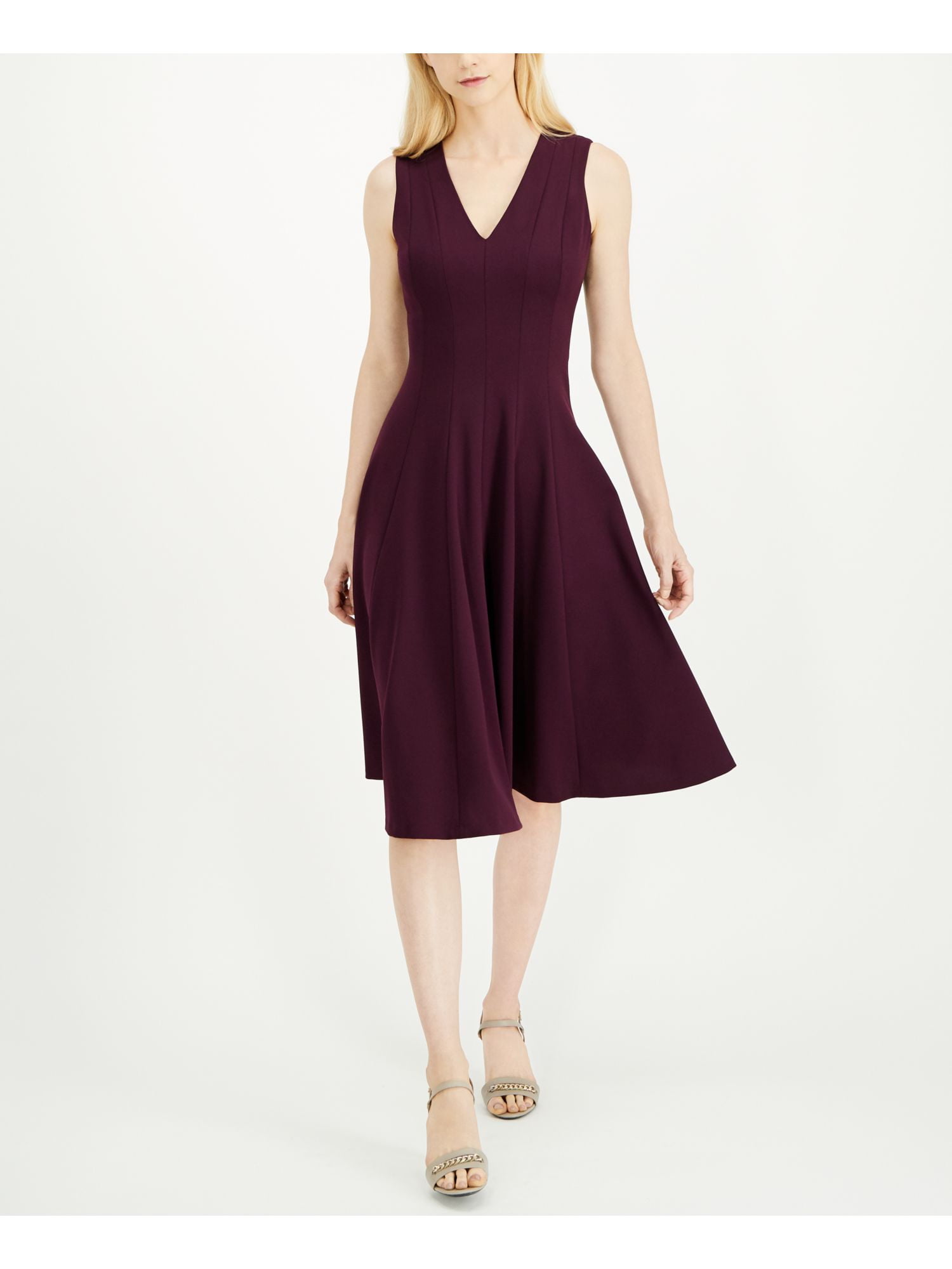 CALVIN KLEIN Womens Purple Sleeveless Below The Knee Fit + Flare Dress  Size: 2 