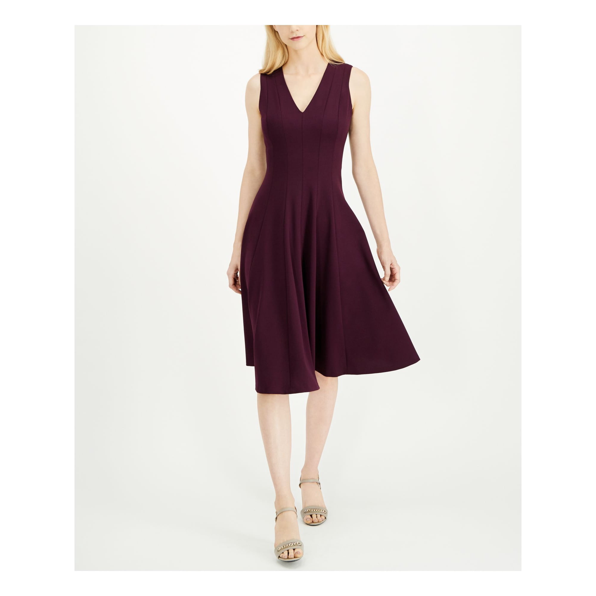 CALVIN KLEIN Womens Purple Stretch Zippered Scuba Crepe Sleeveless V Neck  Midi Wear To Work Fit + Flare Dress 12 - Walmart.com