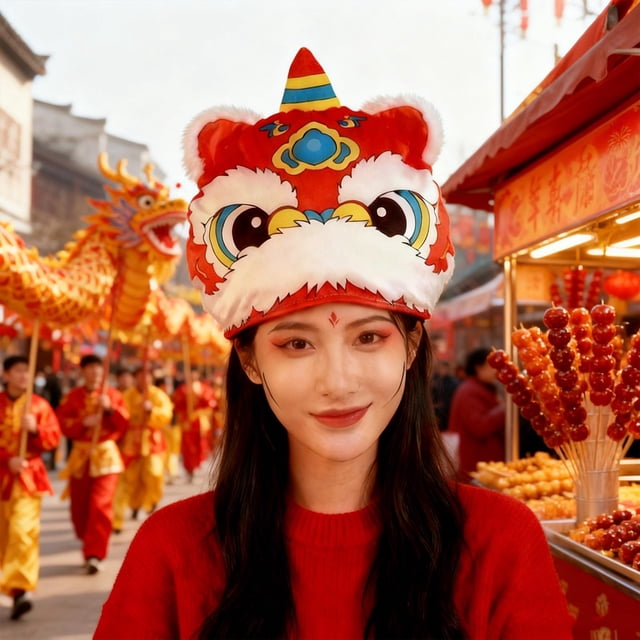 Sombrero León Danza Gorro Animal Chino Invierno Tela PP Suave Cómodo Adecuado para Fiestas Escolares Sesiones Fotográficas de Año