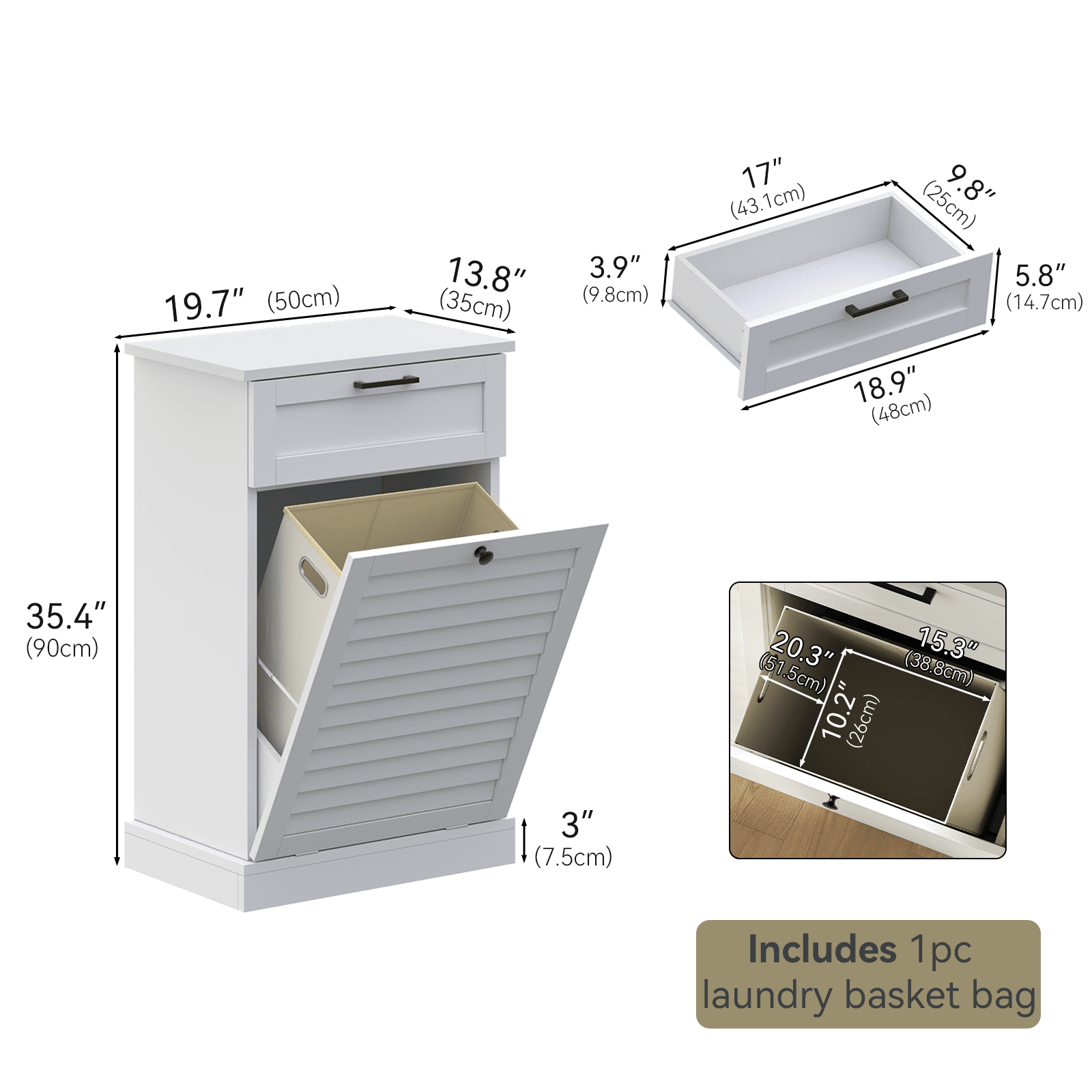 15 Gallon Tilt-Out Laundry Hamper Cabinet with Drawer, Hidden Trash Can Cabinet with Shutter Door & Laundry Basket for Bathroom & Kitchen – White (Single)