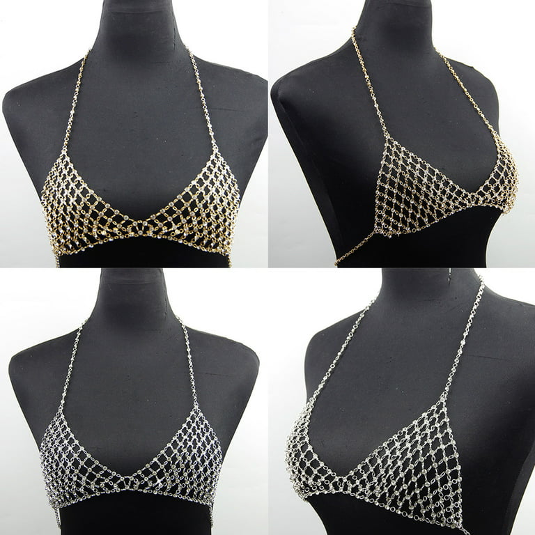 Sexy Beach Bra Chain Gold Body Jewelry Nightclub Rave Bikini Chest Chains  Crystal Bra Chain Top for Women and Girls 