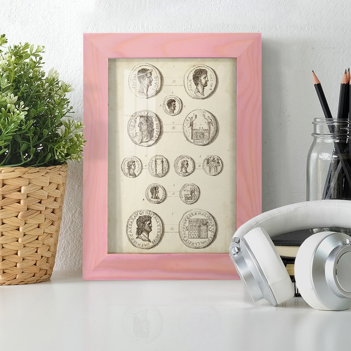 Antique Roman Coins I -Framed Print w/glass-Sunset Pink