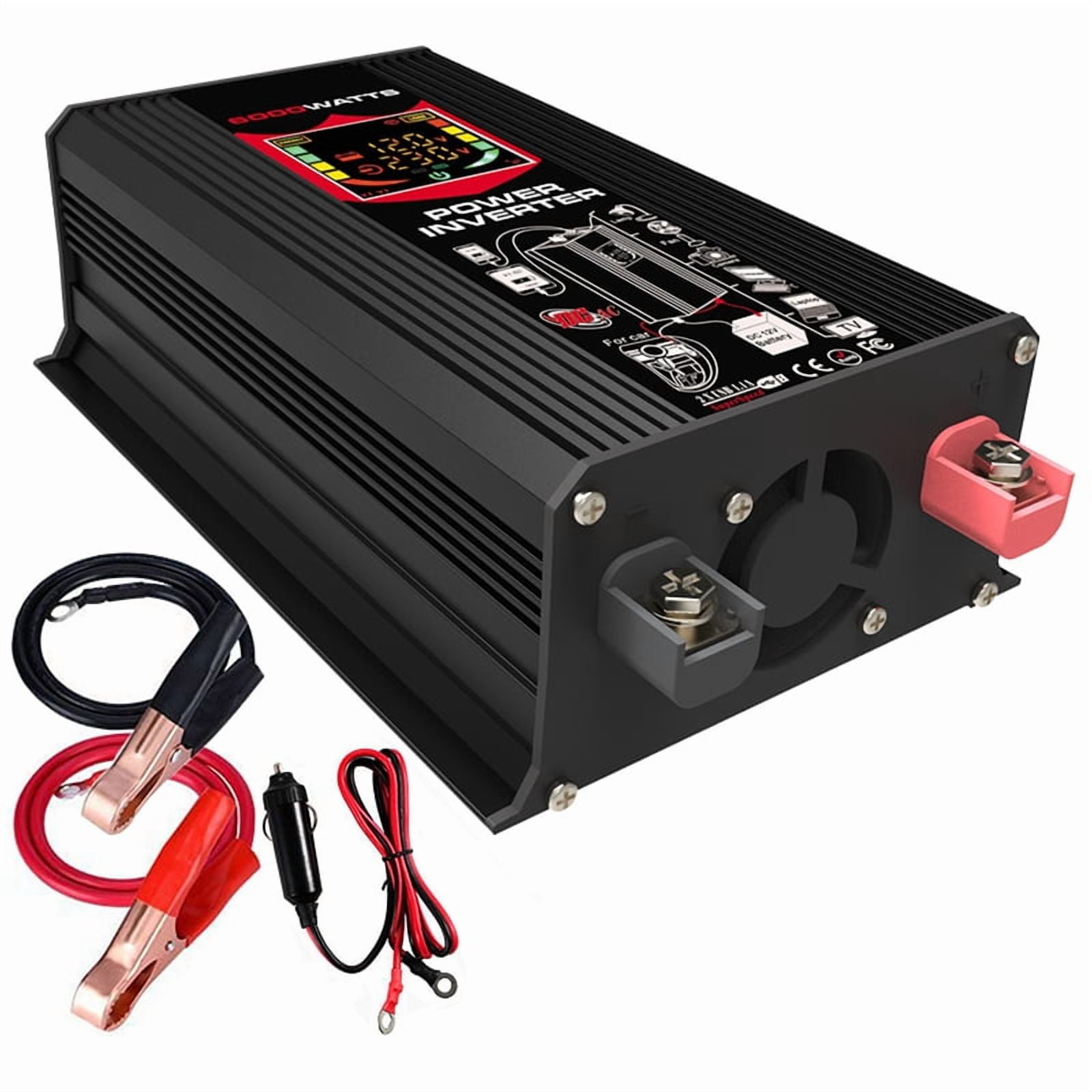 Inverter Kit: 12V DC to 110V/220V AC 6000W 500W Rated 50Hz 2 USB 2.1A Ports Universal Socket