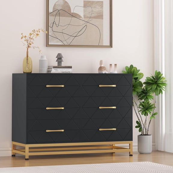 GAOMON Modern 6-Drawer Dresser for Bedroom, Wood Storage Chest with Gold Handles, Multi-Purpose Dresser for Closet, TV Stand, or Entryway Cabinet, Black